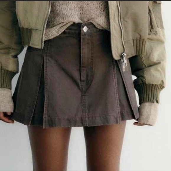 Zara Brown Waxed Canvas Pleated Skort Skirt - Picture 1 of 16
